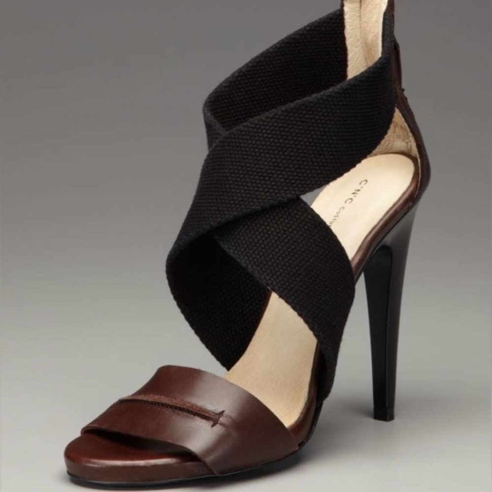 C'N'C CoSTUME NATIONAL Brown Leather & Black Canvas Wrap Heels - Made in Italy - Picture 2 of 10